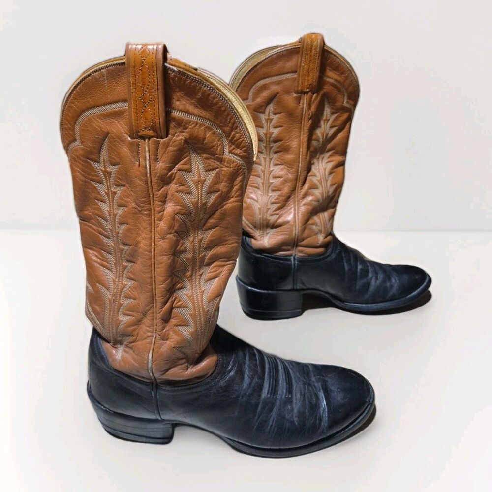 Vintage Tony Lama Cowboy  Boots Mens Sz 8.5D Brown Black Leather  USA  6963